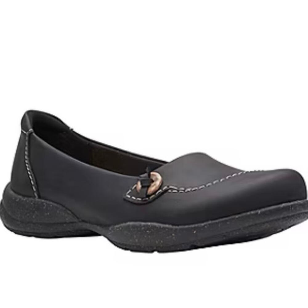 CLARKS NWOB Roseville Sky Black Leather Slip On Comfort Shoes size 8.5